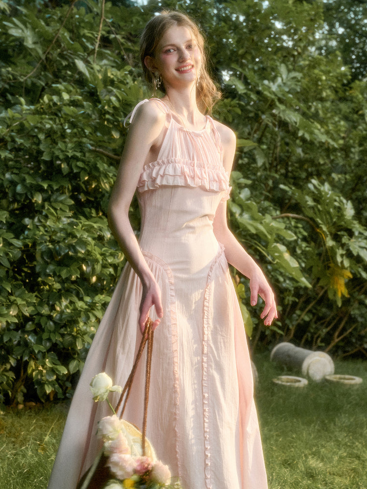 Washed Cotton Halter Long Dress - CHINASQUAD