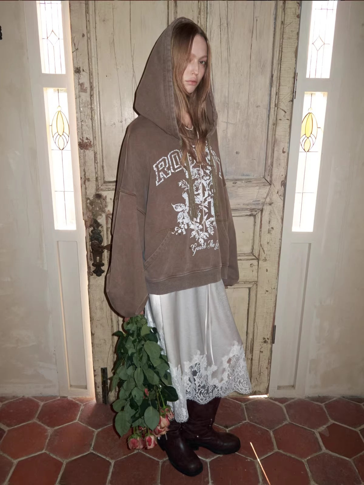 Print Slouchy Sleeve Washed Hoodie