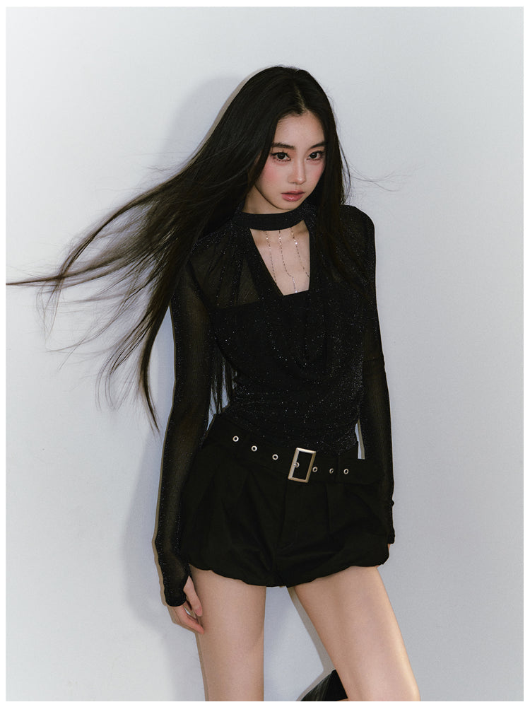 Chain Halter Draped Neck Fitted T-shirt - CHINASQUAD