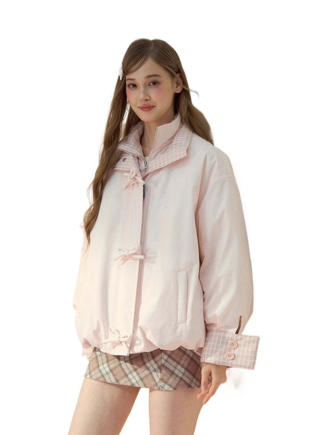 Pink Bow Check Down Jacket - CHINASQUAD
