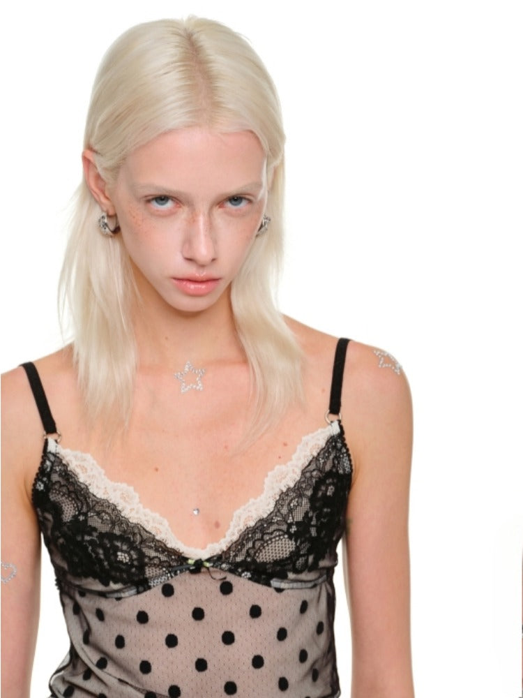 Double-Layer Polka Dot Lace Trim Tank Top - CHINASQUAD