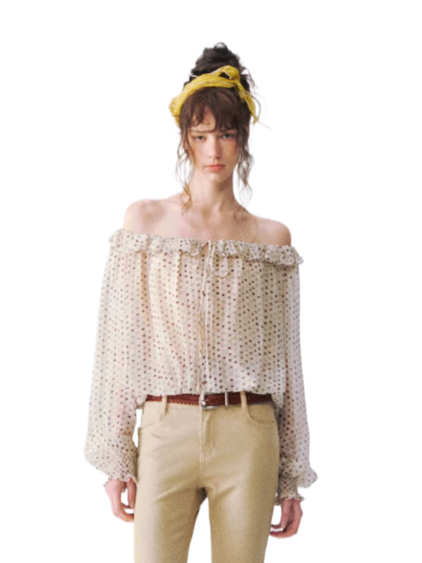 French Polka Dot Off-Shoulder Ruffle Blouse