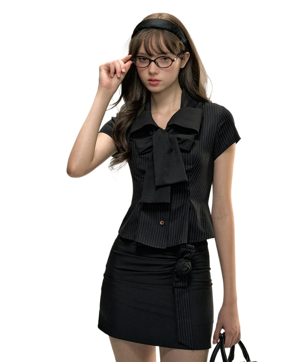 Black Striped Collegiate-style Butterfly Collar Shirt - CHINASQUAD