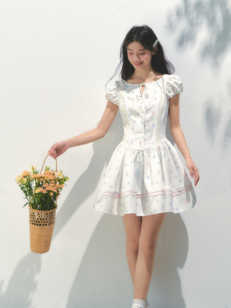 Puff Sleeve Printed Waist - cinching Dress - CHINASQUAD