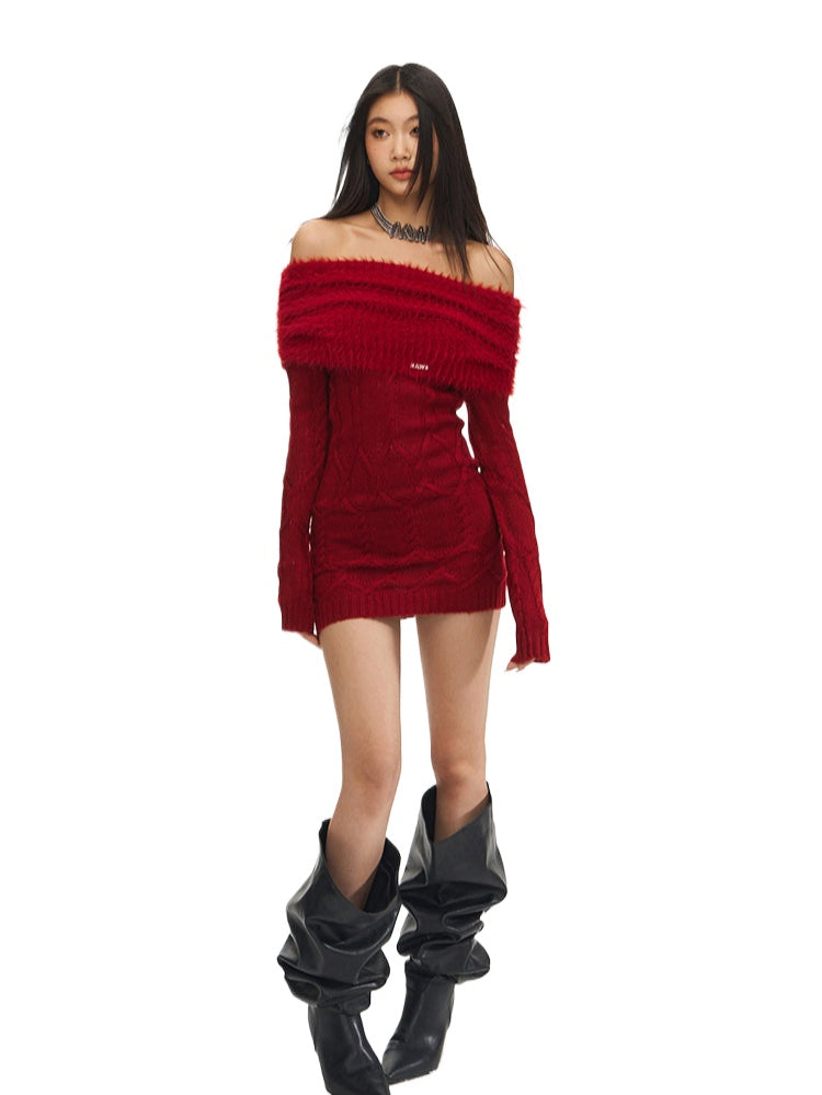 Red Off-Shoulder Mohair Knitted Dress - CHINASQUAD