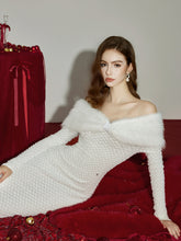 Off-Shoulder Fur Collar Feather Yarn Dress - CHINASQUAD