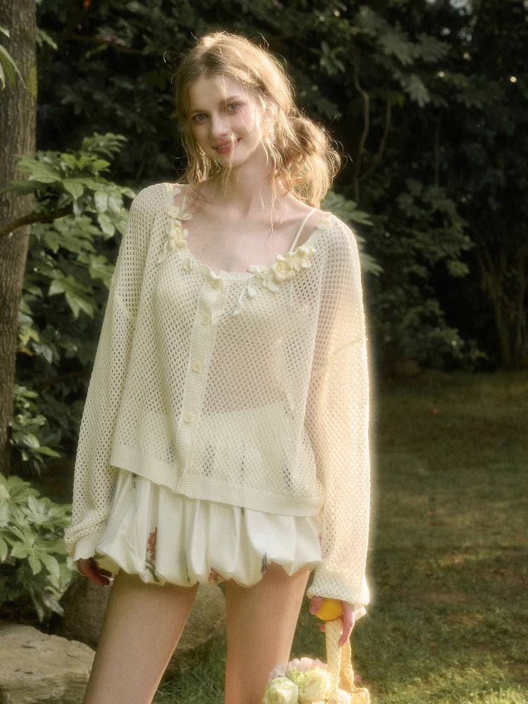 Cool Ice Silk Flower Hollow Cardigan - CHINASQUAD