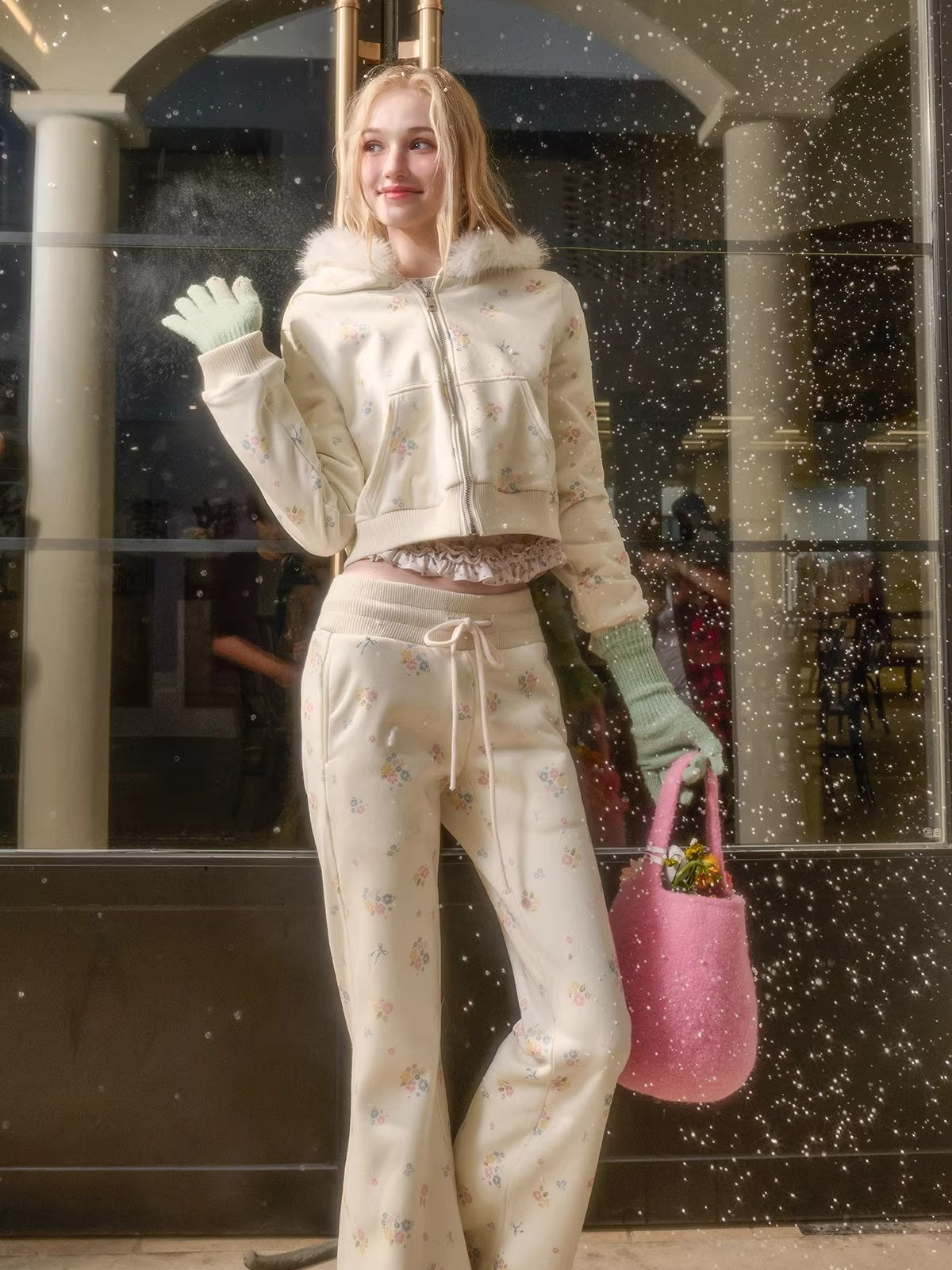 Floral-Trim Hoodie Jacket Set