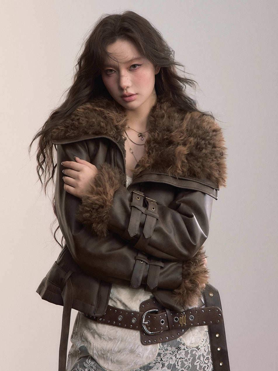 Oversized Fur Collar Short Jacket - CHINASQUAD