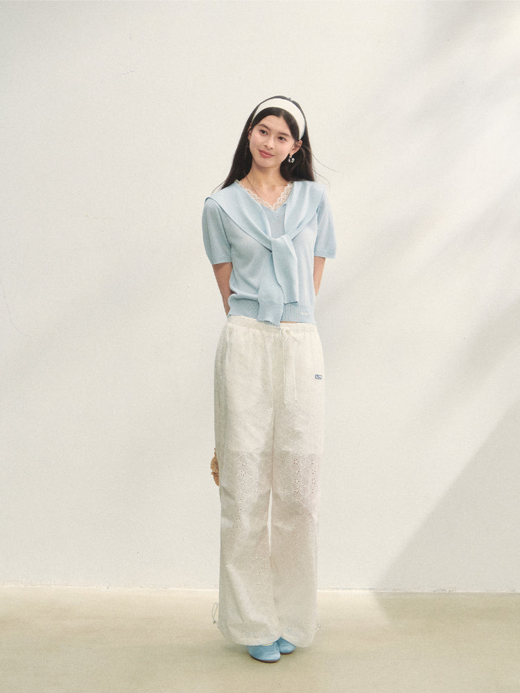 Lace Spliced V-Neck Knitted T-Shirt - CHINASQUAD