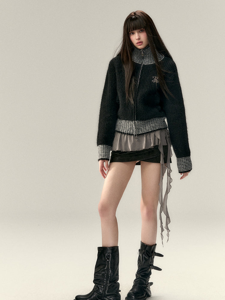 Color-Block High-Neck Knit Cardigan - CHINASQUAD