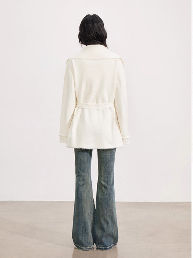 Belted Oversized Collar Knit Coat - CHINASQUAD