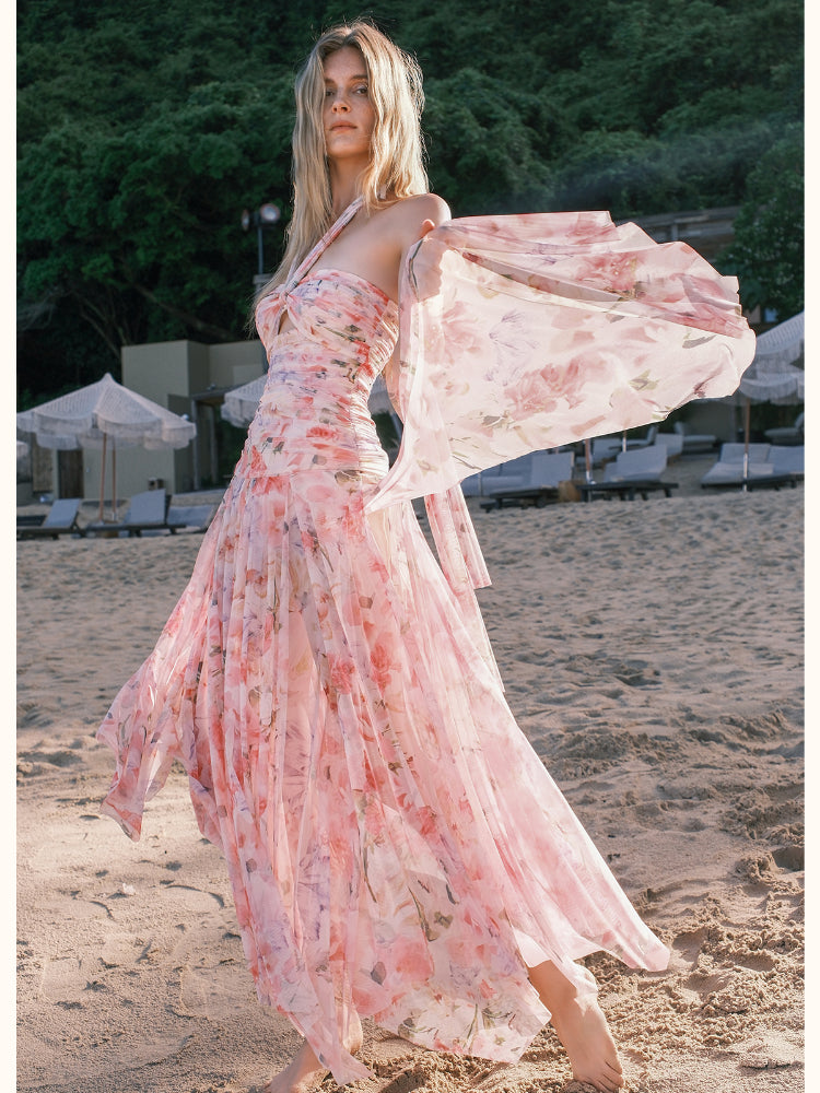 Evelyn Floral Ribbon Neckline Hollow-out Dress - CHINASQUAD