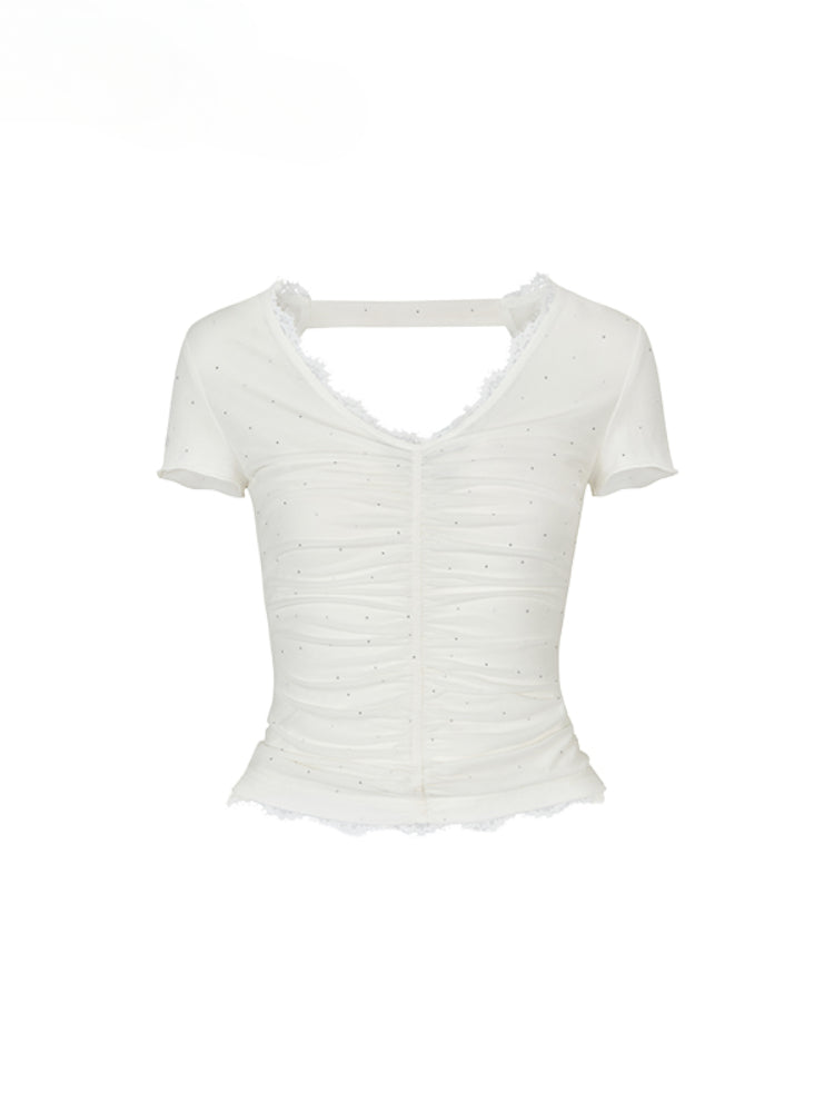 Acetate Lace Backless Beaded Short-sleeve T-shirt