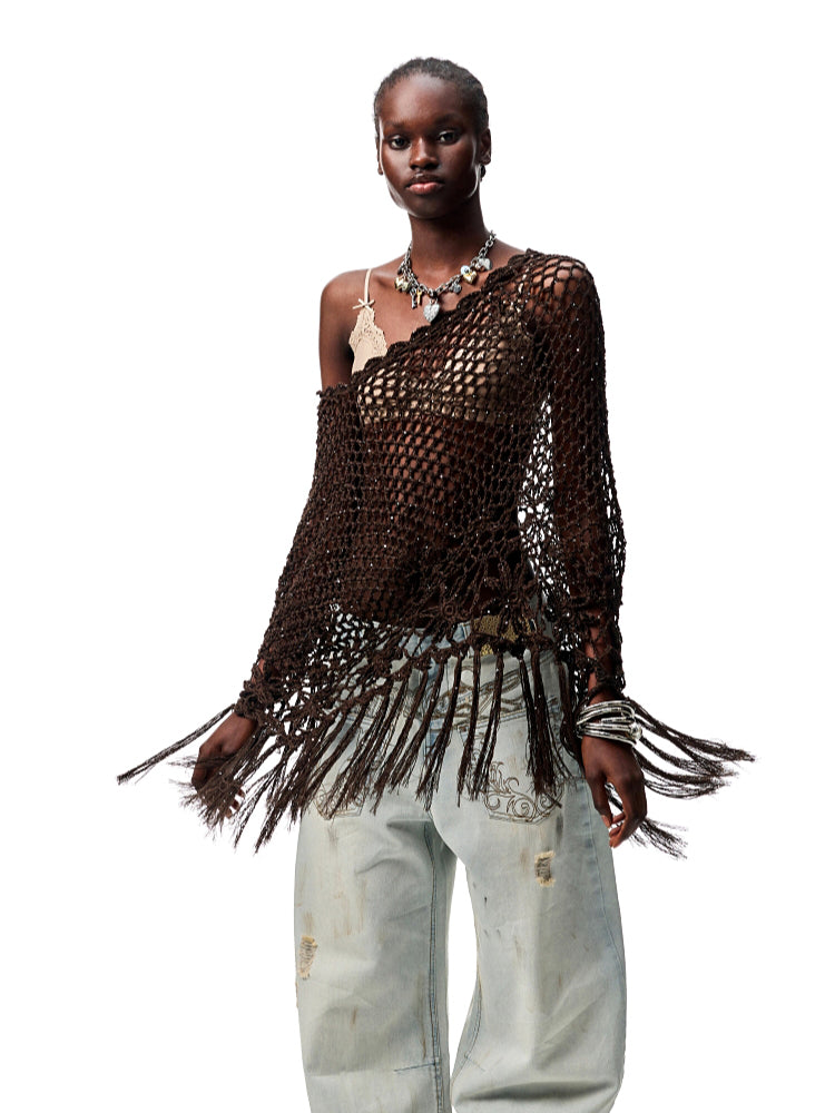 Hollow Out One-Piece Fringed Knit Shrug - CHINASQUAD
