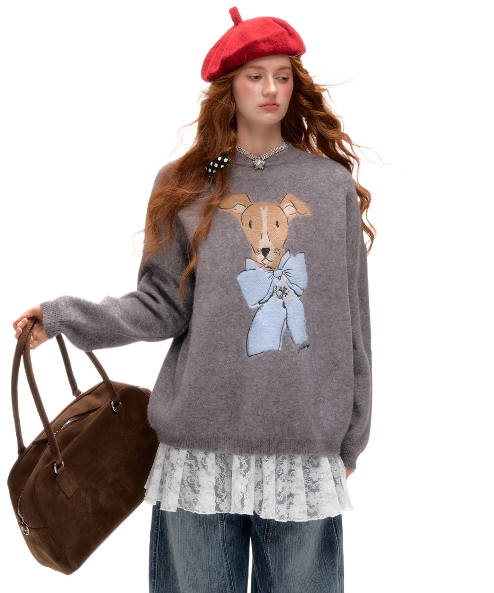 Bow-Knot Puppy Jacquard Pullover Crewneck - CHINASQUAD