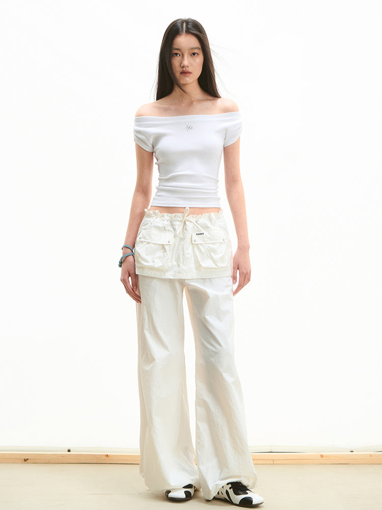 Faux Two-Piece Low-Waist Loose Drawstring Pants - CHINASQUAD