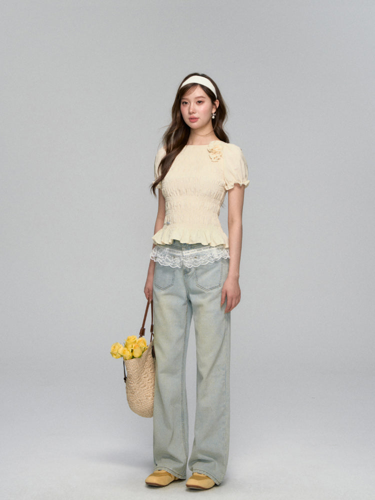 Three-Dimensional Flower Pleated Short-Sleeve Blouse - CHINASQUAD