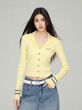 Navy Collar Ribbed Knit Cardigan  - CHINASQUAD