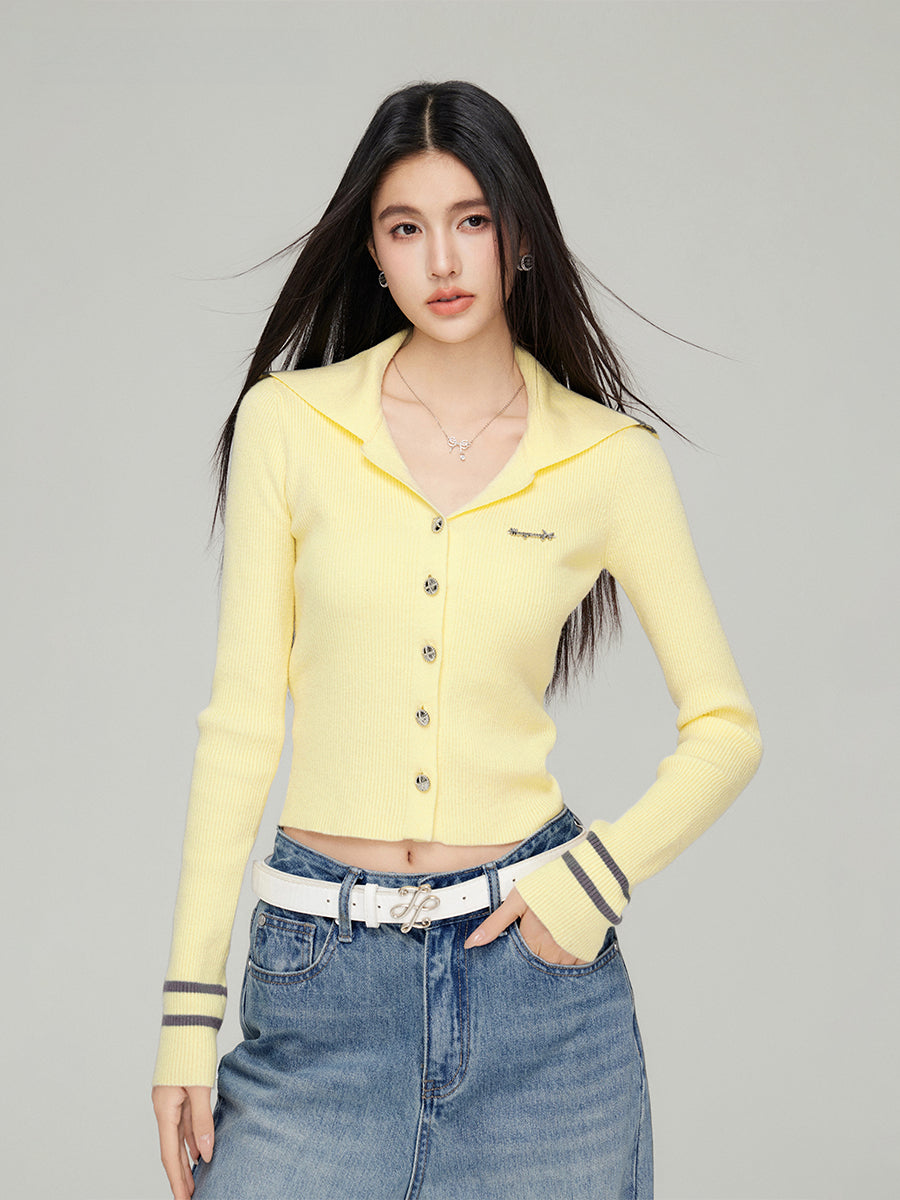 Navy Collar Ribbed Knit Cardigan  - CHINASQUAD