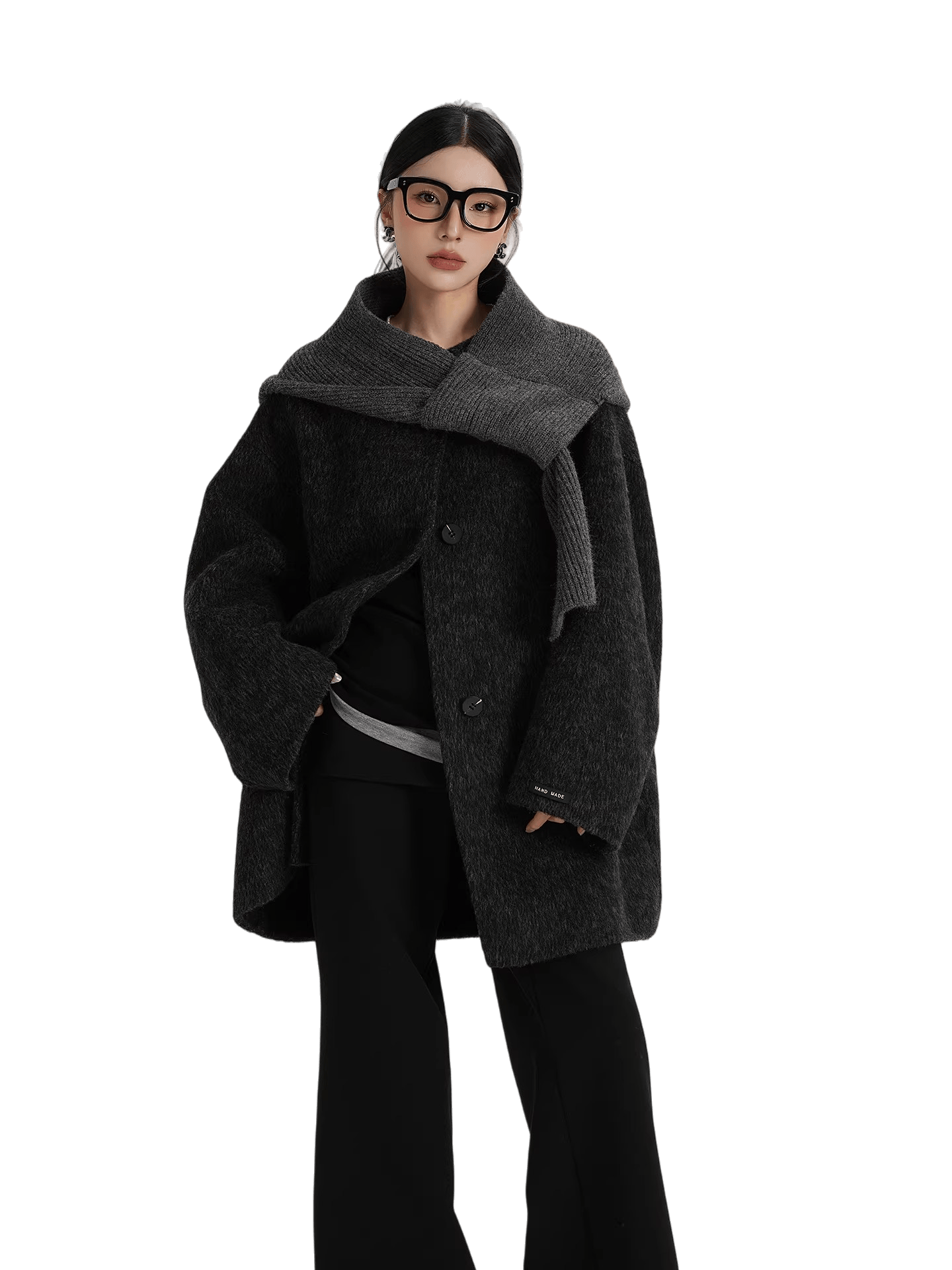 Knitted Hooded Scarf Mid-Length Wool Coat
