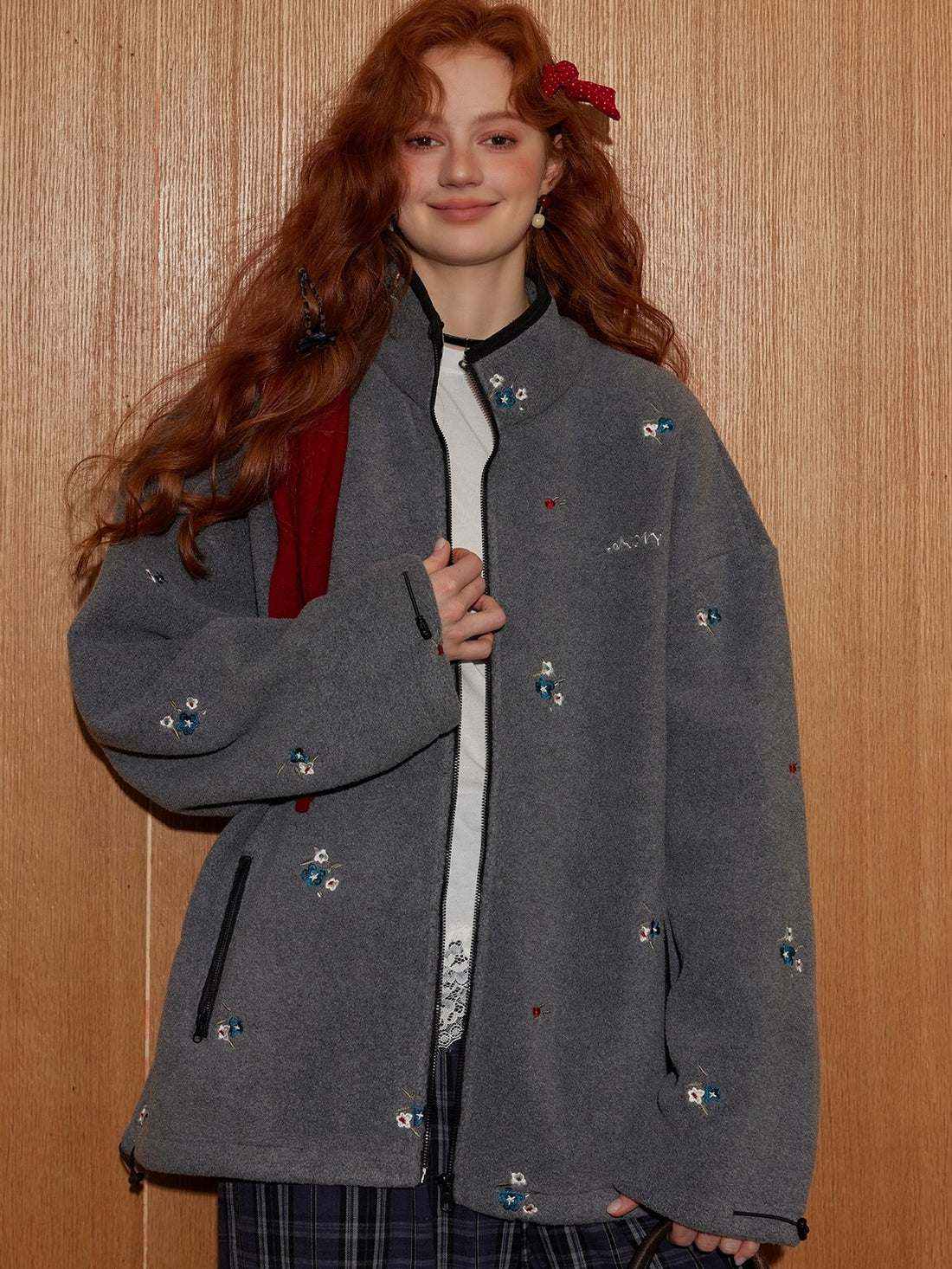 Floral Embroidered Plaid Fleece Oversized Jacket