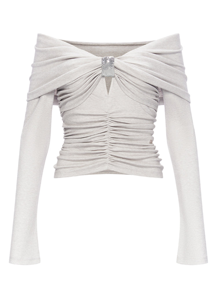 Ruched Off-Shoulder Slim-Fit Knit Top - CHINASQUAD