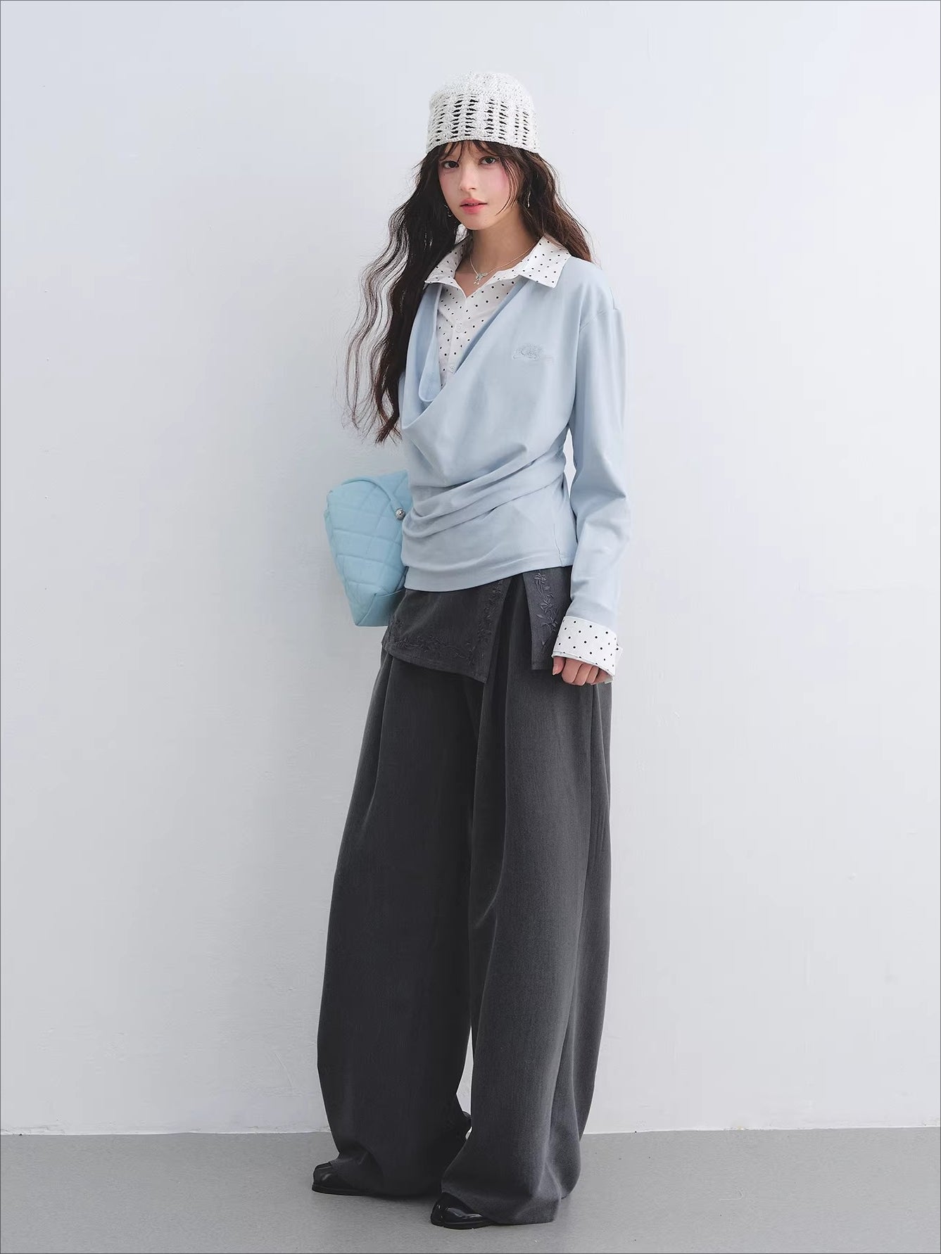 Embroidered Panel Wide-Leg Tailored Trousers
