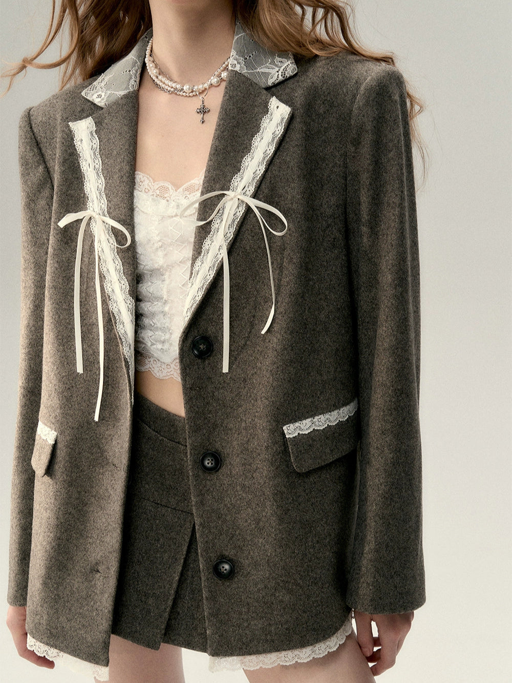 Taupe Lace Wool Blazer - CHINASQUAD