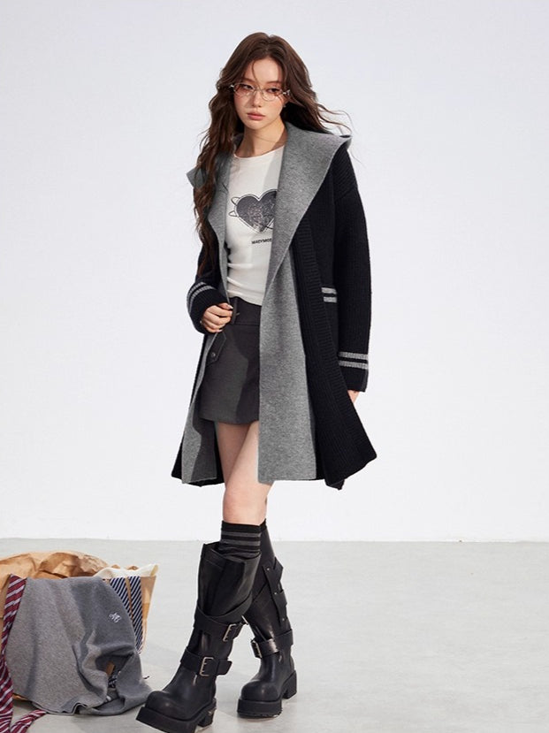 Detachable Collar Knit Hooded Long Cardigan - CHINASQUAD