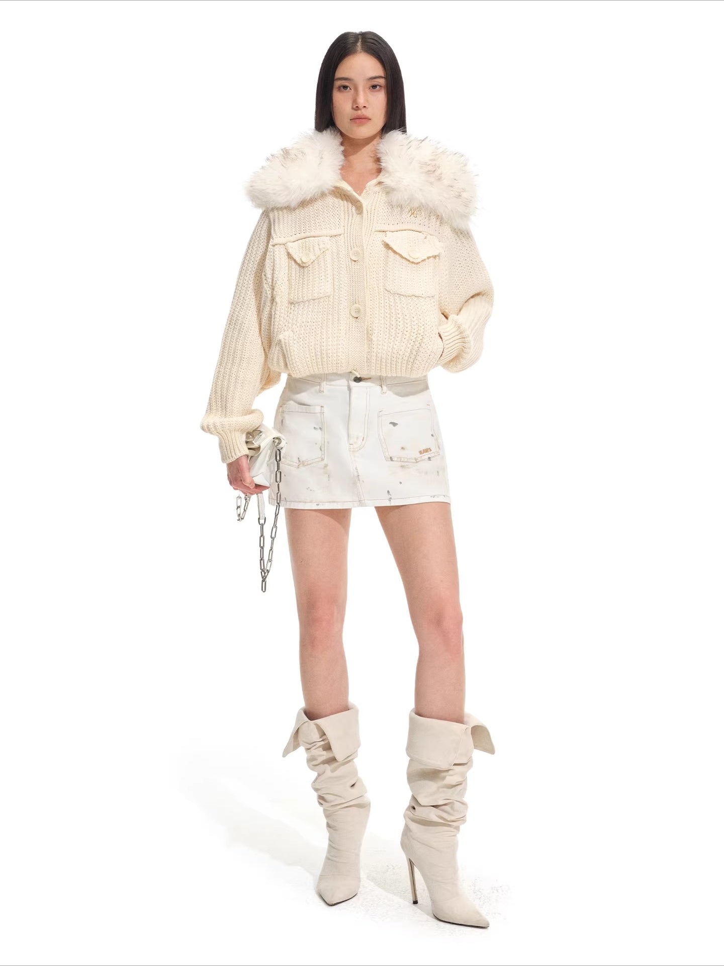 Faux Fur Collar Wool Knit Cardigan