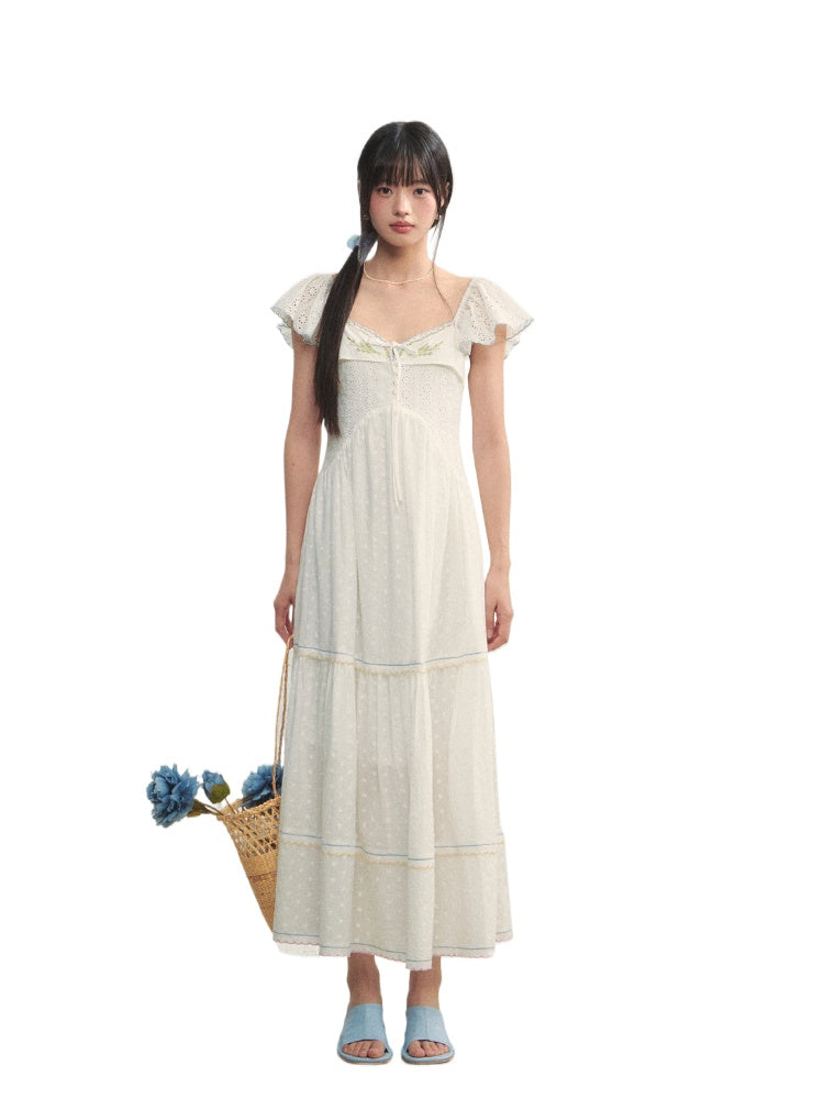 White Square Neck Hollow Embroidered Dress - CHINASQUAD