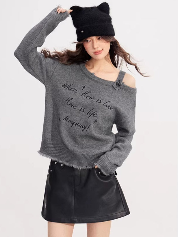Deconstructed Off-Shoulder Embroidered Knit Sweater
