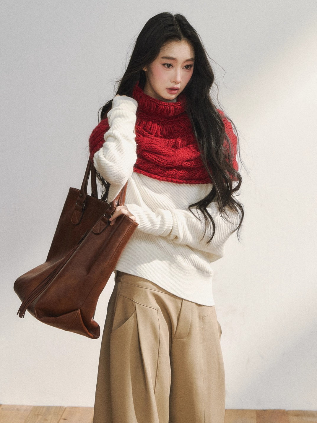 Asymmetric Buttoned White Knit Sweater