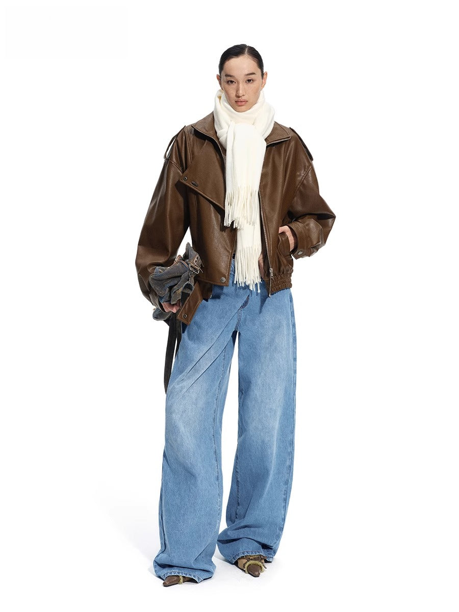 "Rose Series" Oversized Collar Faux Leather Jacket - CHINASQUAD