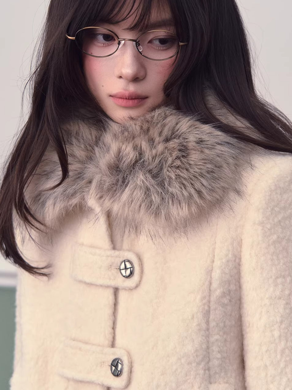 Wool-Blend Fur-Collar Short Down Jacket