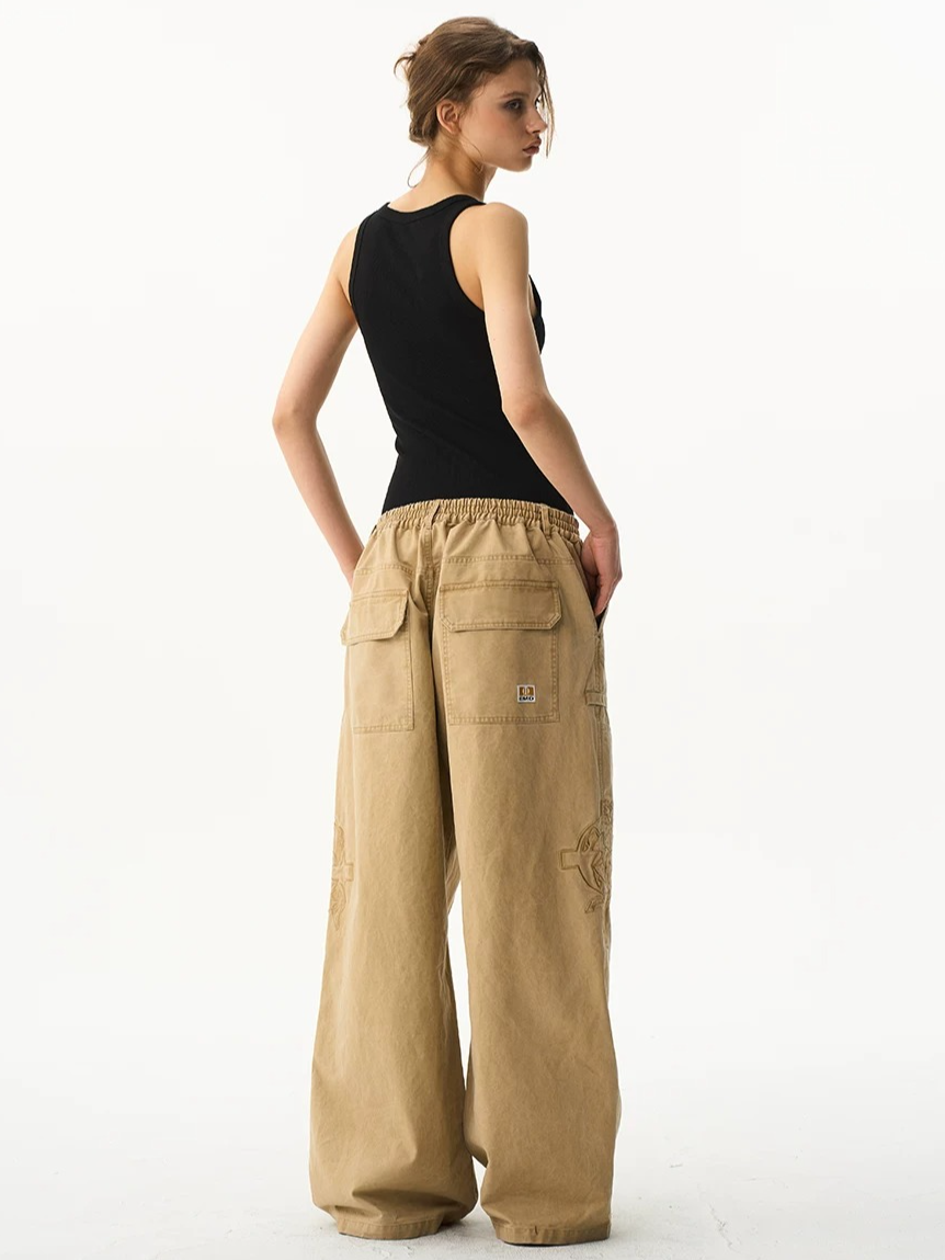 Vintage Washed Embroidered Workwear Baggy Pants