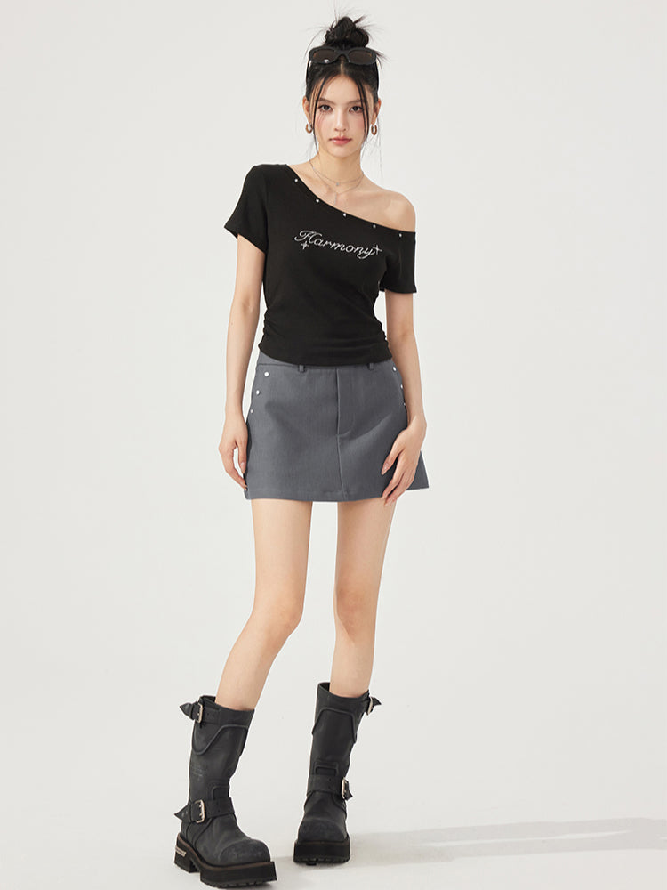 High-Elasticity Star-Studded Diagonal Shoulder T-Shirt - CHINASQUAD