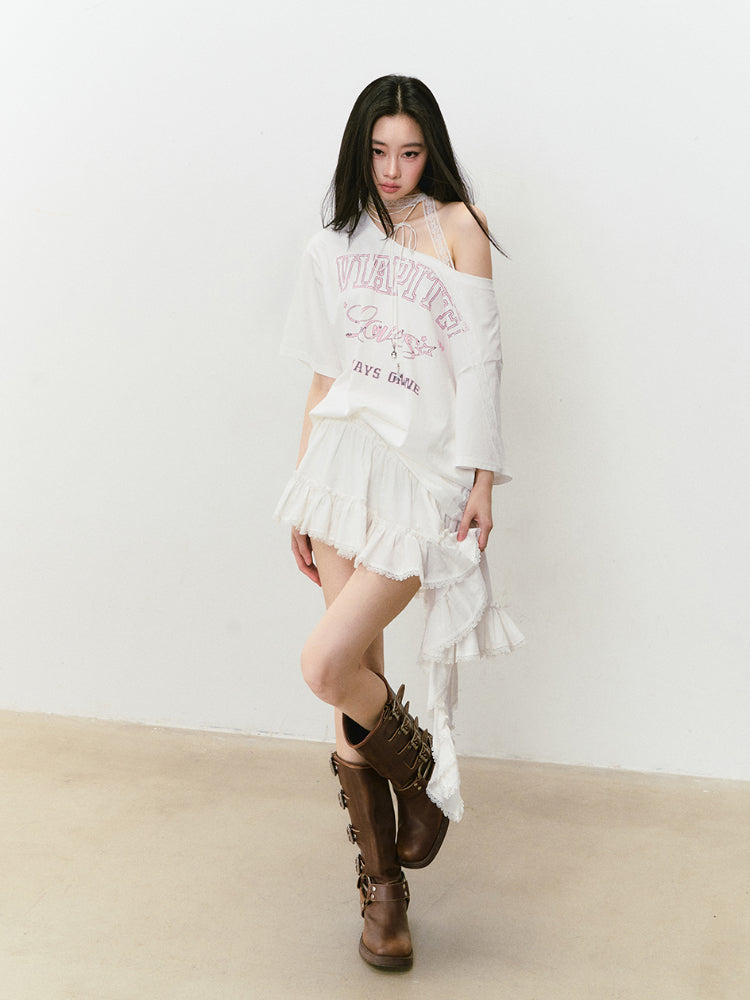 Off-shoulder Letter Hollow-out Spliced T-shirt - CHINASQUAD