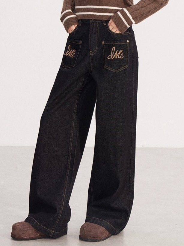 Embroidered Vintage Wide-Leg Denim Pants