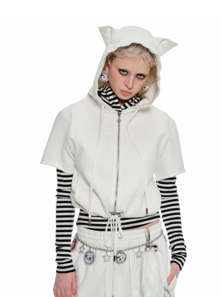 Black & White Cat-ear Short-sleeve Hoodie - CHINASQUAD