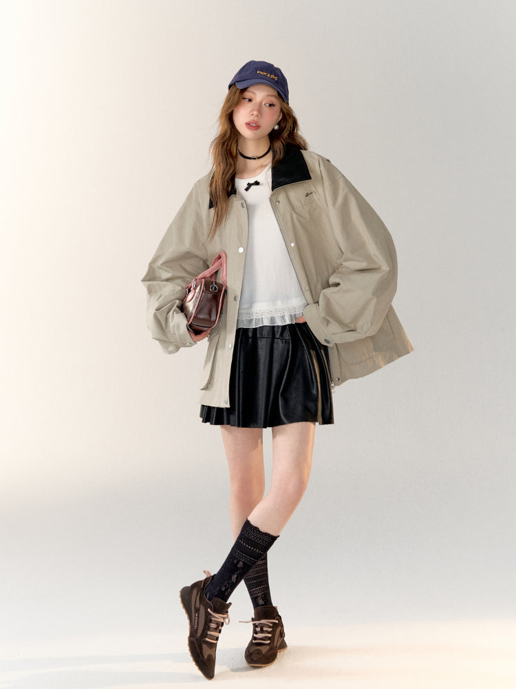 Black PU Split Pleated Leather Skirt - CHINASQUAD