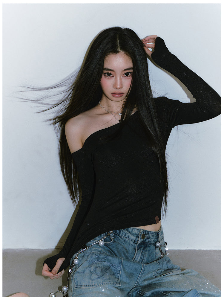 Shimmer Asymmetric Shoulder Irregular T-shirt - CHINASQUAD