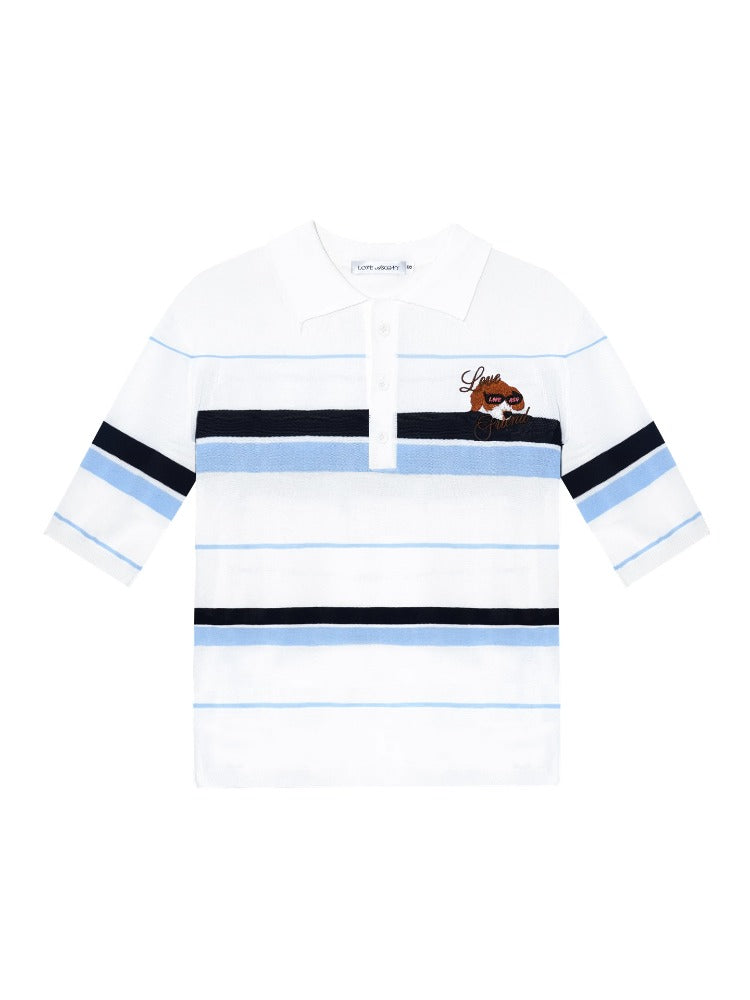 Embroidered Striped Knitted Short-sleeve Polo Shirt - CHINASQUAD