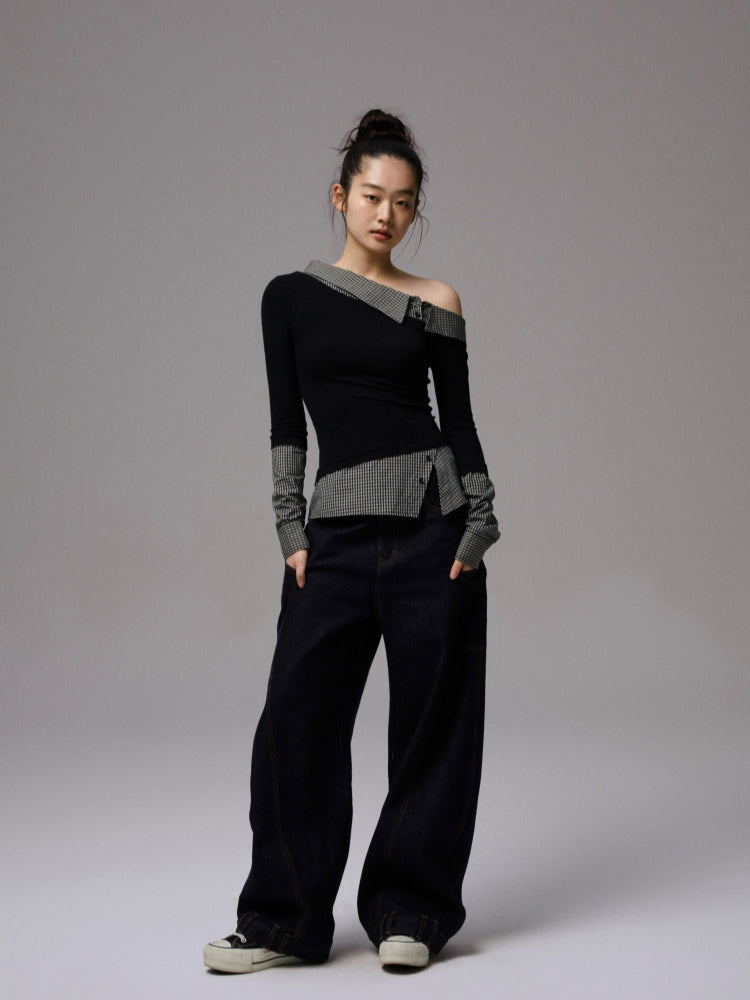 Asymmetric Collar Fake Two-Piece Fitted Blouse - CHINASQUAD