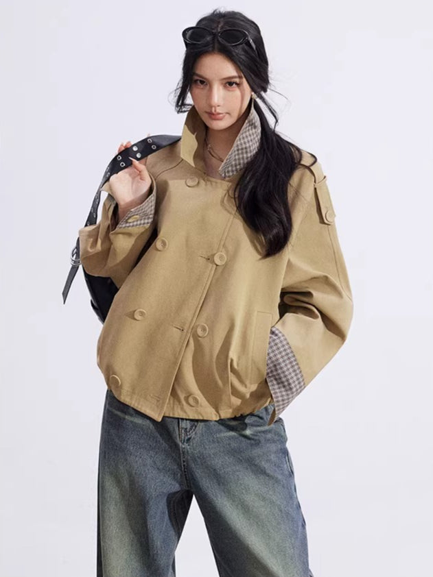 Plaid Patchwork Double-Breasted Short Jacket