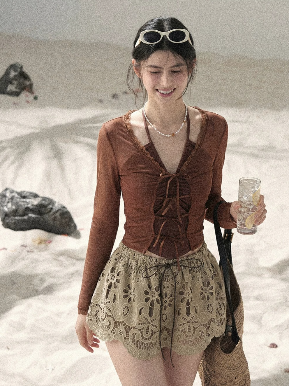 Soft Sand Ruched Tie-Front Cardigan