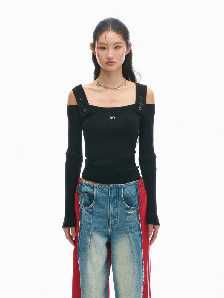 Casual Off-Shoulder Slim-Fit Wool Long-Sleeve Top - CHINASQUAD