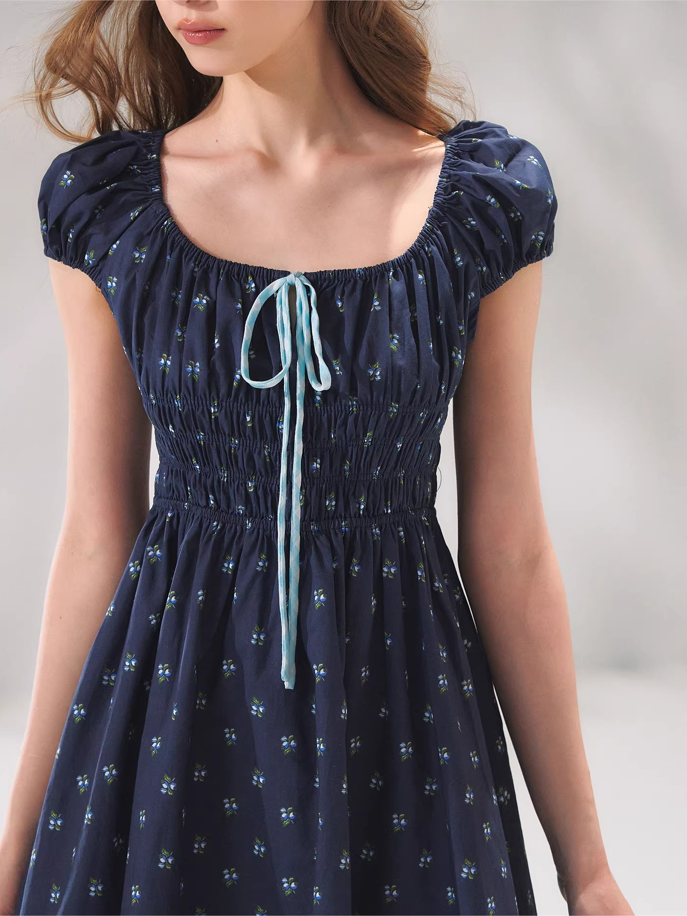 French Floral Tie-Waist Square Neck Puff Sleeve Dress