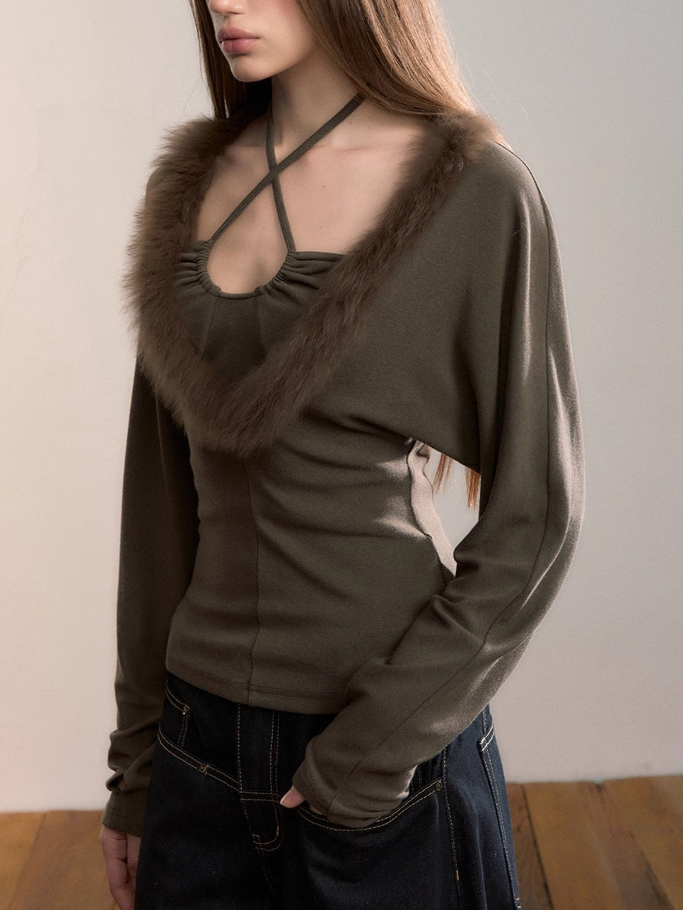 Fox Fur Panel Layered Knit V-neck
